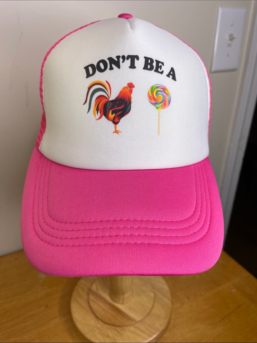 Pink Trucker Hat with Rooster & Lollipop Graphic